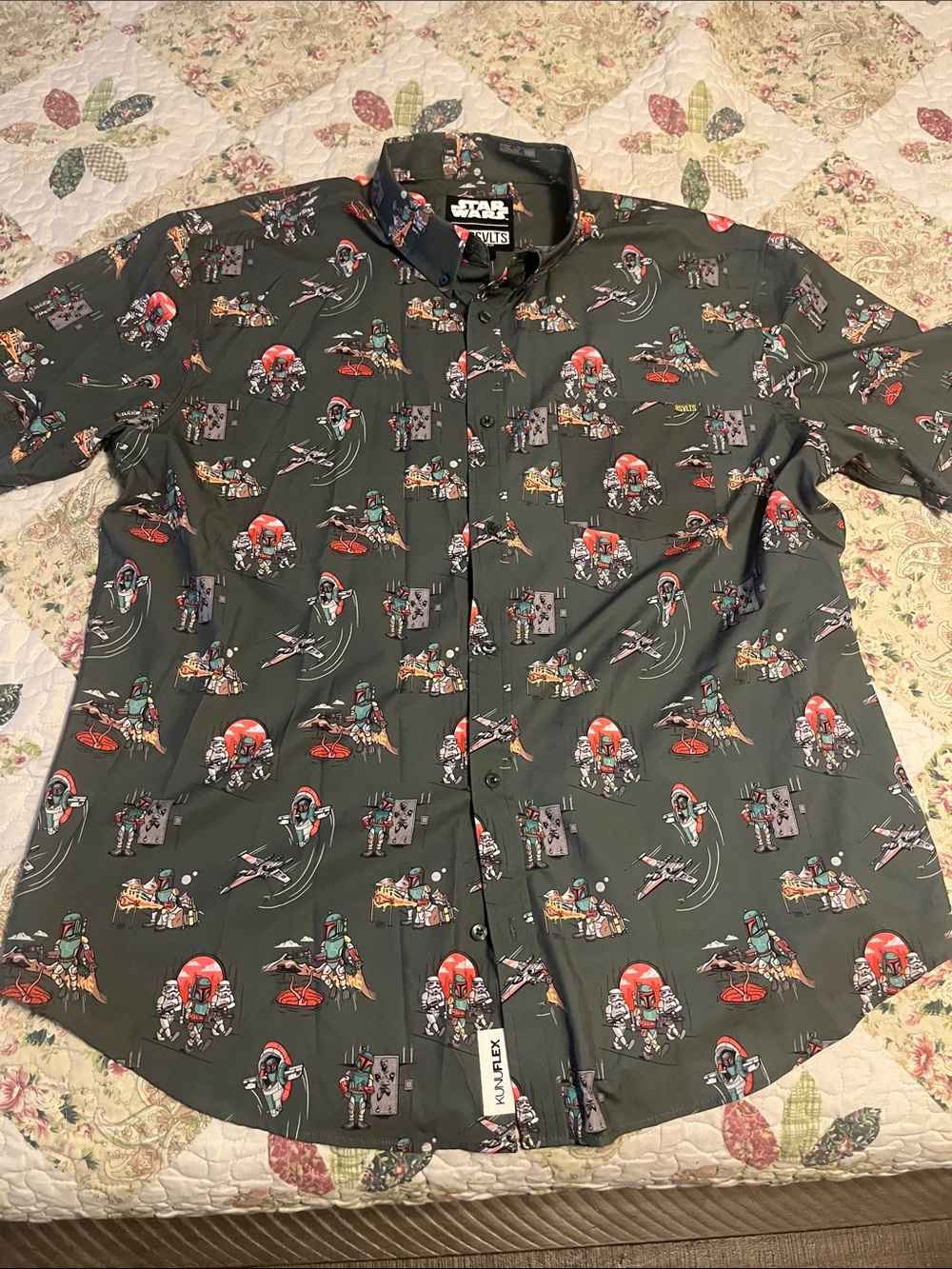 Star Wars Men's Button-Down Shirt - Dark Green with Red & Multicolor Prints